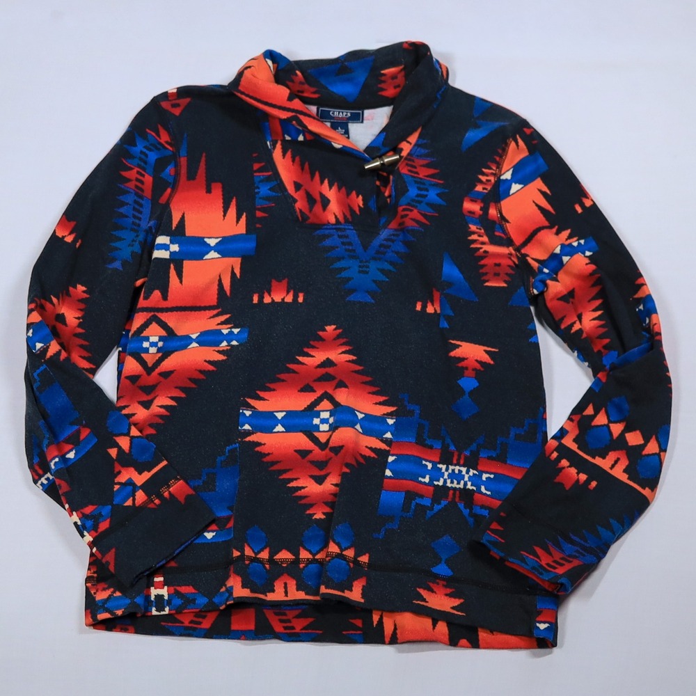 Chaps Denim Pullover Women Large Blue Orange Aztec Geometric Toggle Sweatshirt